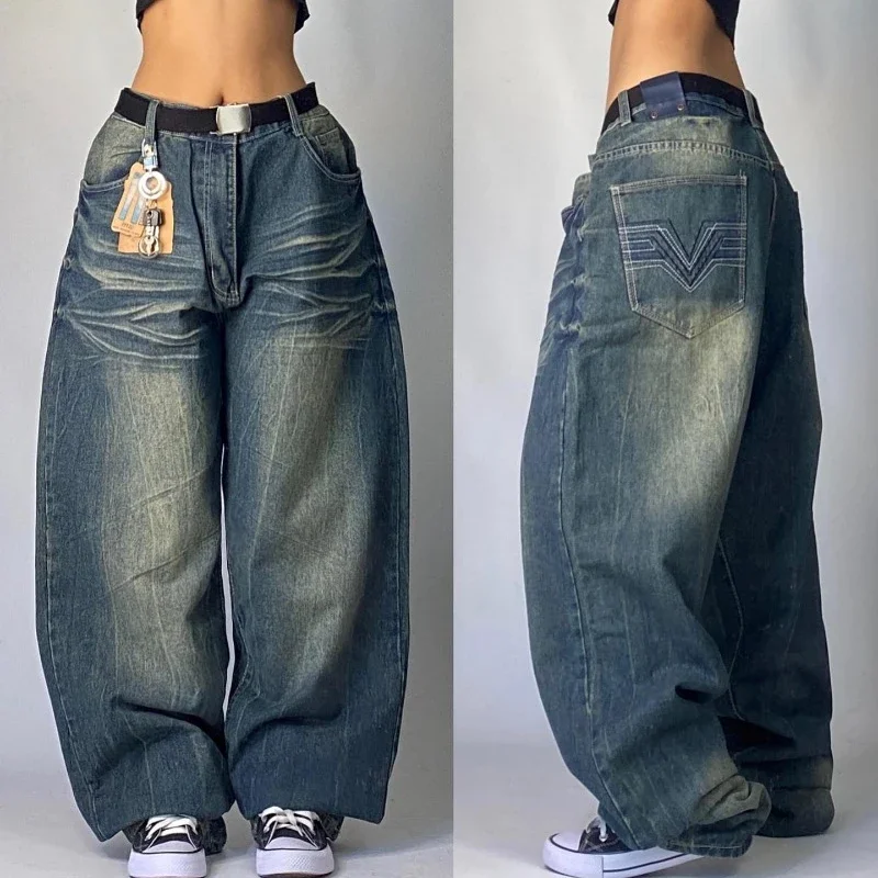 Dicuci longgar Jeans wanita Streetwear Punk populer kasual Joker celana pinggang tinggi kaki lebar Y2K Harajuku Fashion baru warna Solid