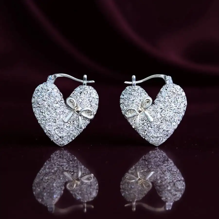 

Crystal Heart Bow Hoop Earrings Romantic Style For Women Lightweight Secure Closure