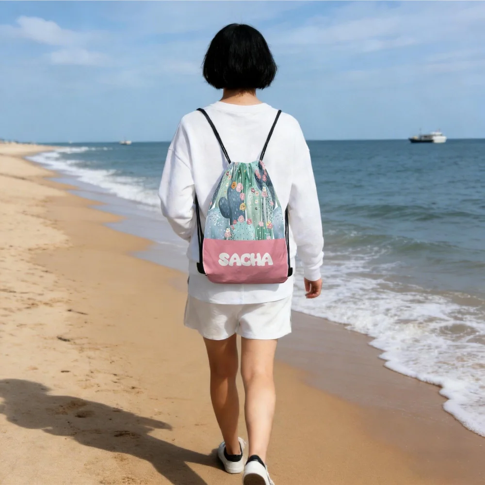 Custom Name Boho Cactus Floral Drawstring Backpack Personalized Sackpack Beach Outdoor Picnic Drawstring Gift Bag - view 3