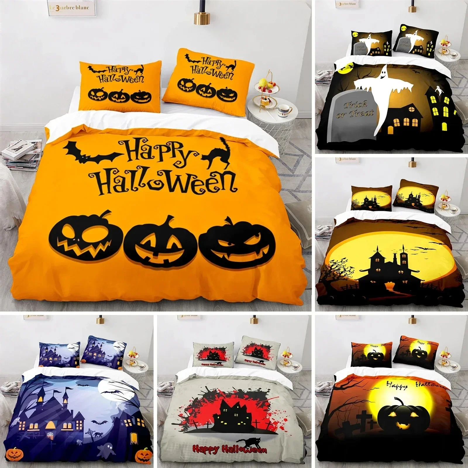 Halloween Bedding Set Pumpkin Duvet Cover Polyester Cartoon Horror Festival Bat Comforter Cover Twin King for Kids Adults Decor