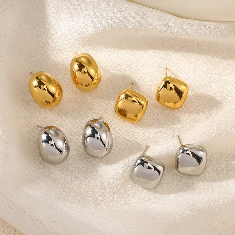 

Light Luxury Vintage Gold Silver Oval Stainless Steel Earring Simple Square Convex Surface Stud Earrings for Women Trend Jewelry