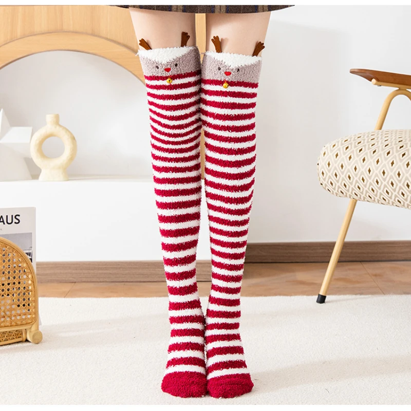 Gestreifte lange Socken für Damen, Panda-Katze, Winter, warm, für Damen und Mädchen, schwarz, weiß, lustig, über dem Knie, Oberschenkelhohe Strümpfe, Weihnachten – Detail 8