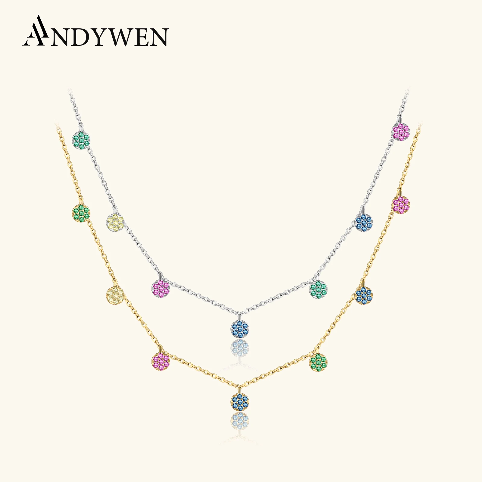 

ANDYWEN стерлингового серебра 925 пробы, золото, красочный циркон, кристалл, круглый цветок, подвеска, колье, ожерелье, длинная цепочка, женское ювелирное изделие