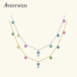 ANDYWEN 925 Sterling Silver Gold Colorful Zircon Crystal Round Flower Charms Pendant Choker Necklace Long Chain Women Fine Jewer