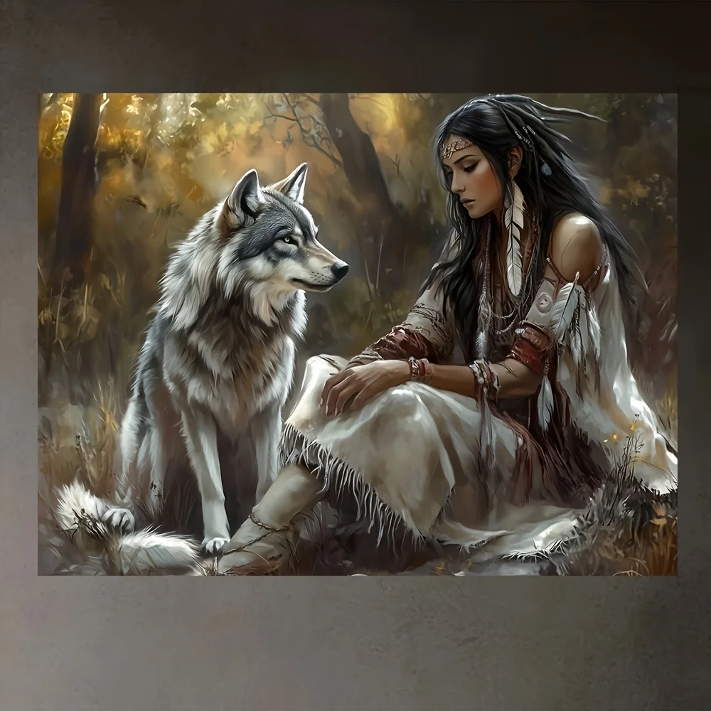 [2D Flat] Native American Witch & Wolf Canvas Wall Art - Traditional Tribal Spiritual Painting with White Wolf & Woman in Tradit
