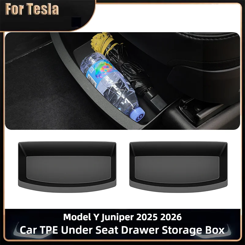 Para Tesla Novo Modelo Y Lançamento Juniper 2025 2Pcs Sob o Assento Gaveta TPE Caixa de Armazenamento Organizador Bandeja de Carro Interior Acessórios