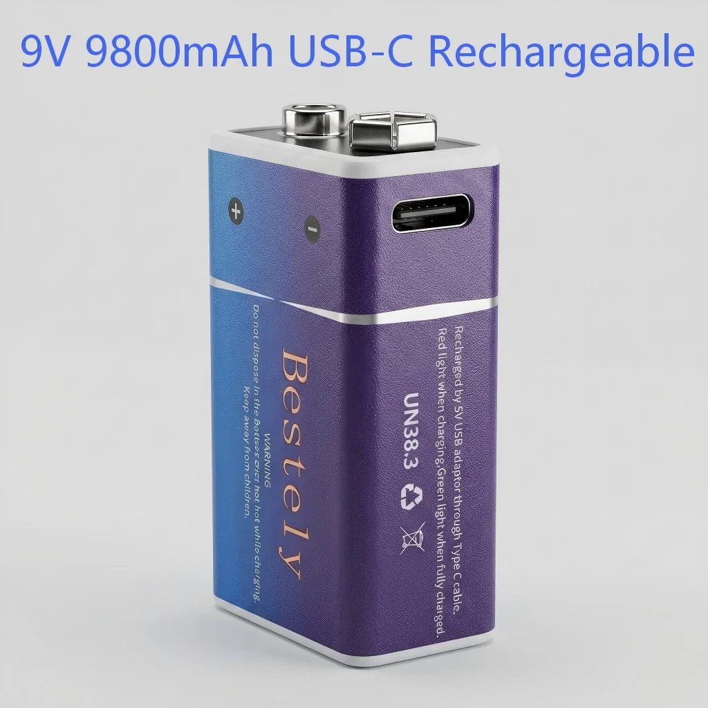 Type-C Charging 9V Li-ion Battery 9800mAh Long Lasting Power for Alarm Toys Guitar Pedal Microphone