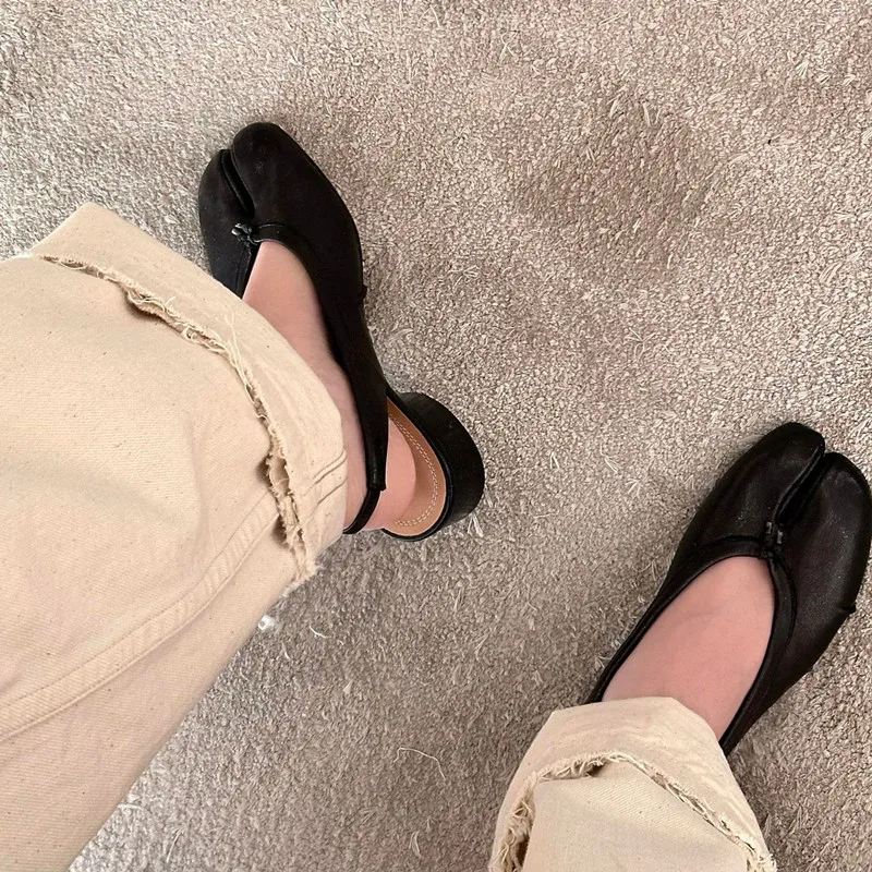 2025 Spring Summer Fashion Soft Leather Split Toe Women Pumps Casual Comfortable 3.5cm Low Heeled Slingbacks Tabi Ballet Shoes
