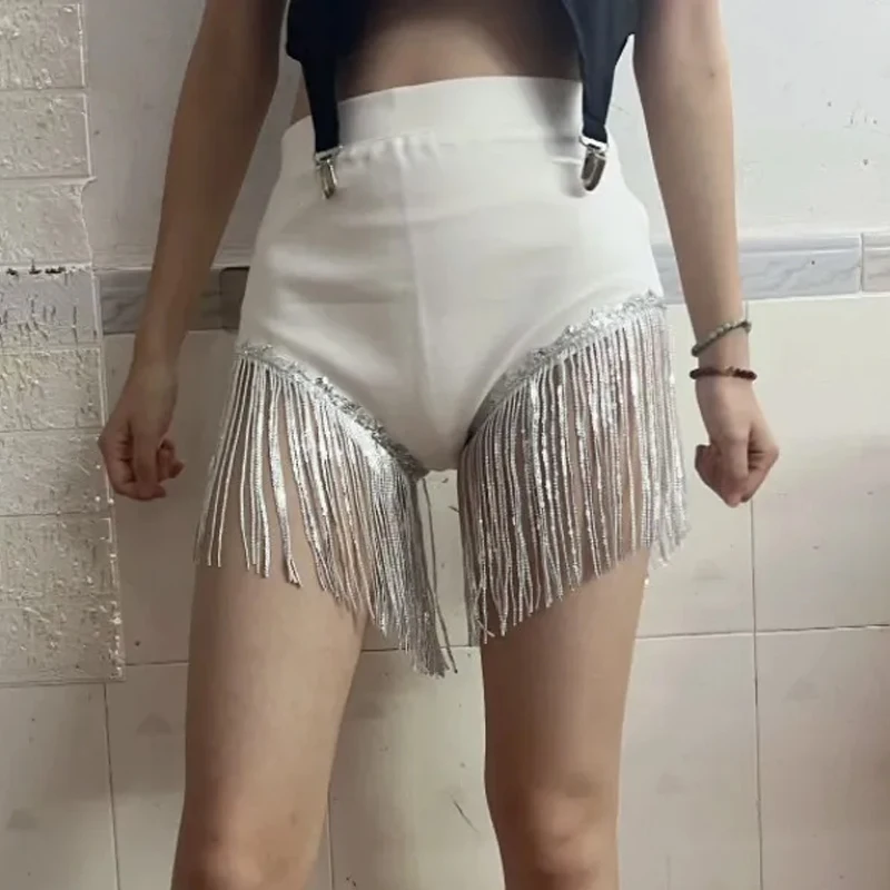 Women's Heavy Industry Rhinestone Sequin Fringe High Waist A-shaped Sexy Hot Pants Jazz Pole Dance Bar Performance Shorts