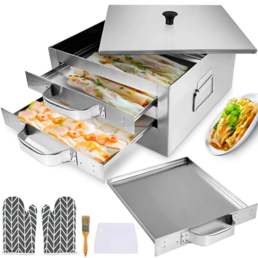 

2-Layer Rice Noodle Roll Steamer with Extra Steam Tray Stainless Steel Top Open Rice Roll Steamer for Home Use Chinese Cheung F