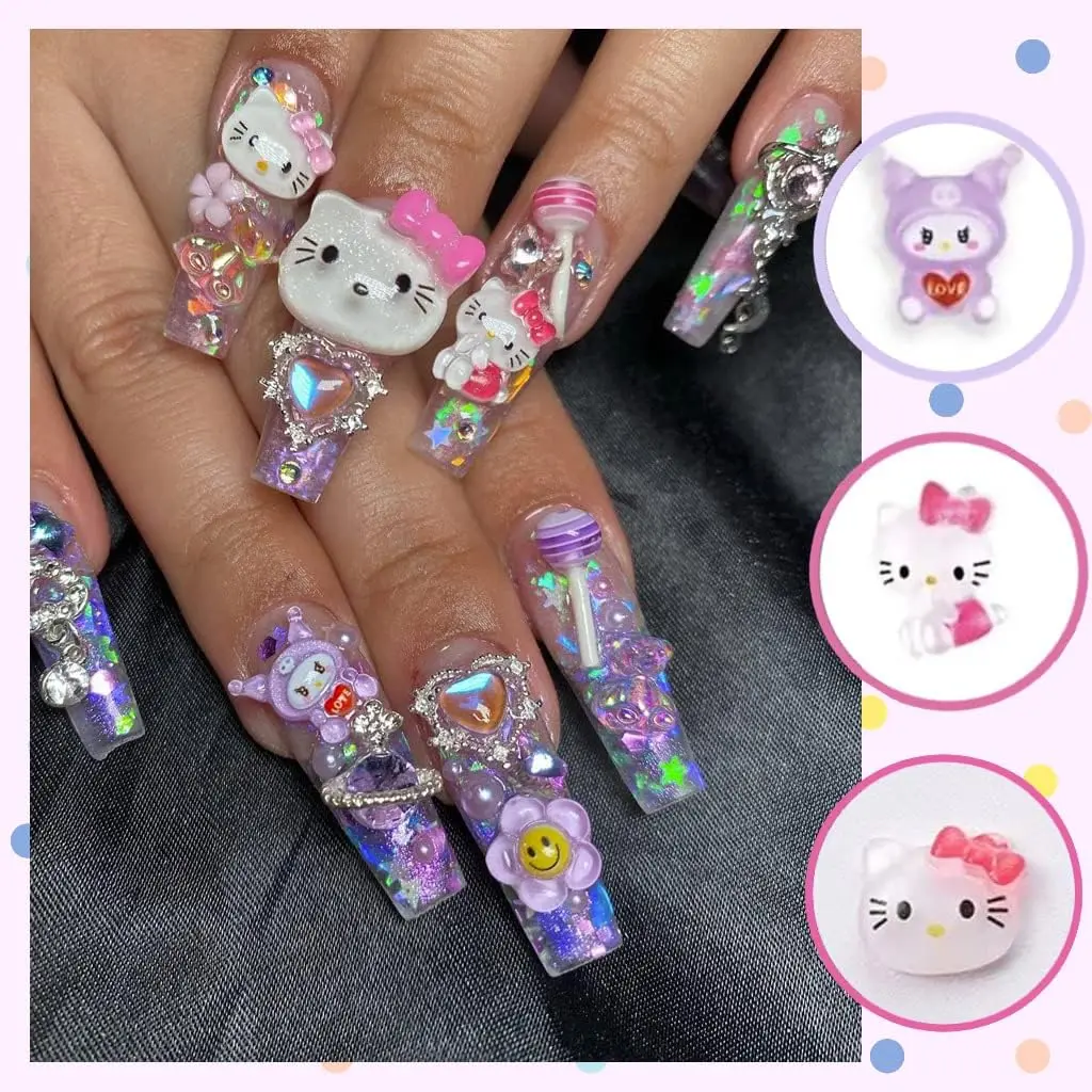 

60pcs Resin Hello Kitty Kuromi Nail Accessories 3D Pink KT Head Purple Kuromi+20pcs Bownot Nail Charms Y2K Nail Rhinestones Part