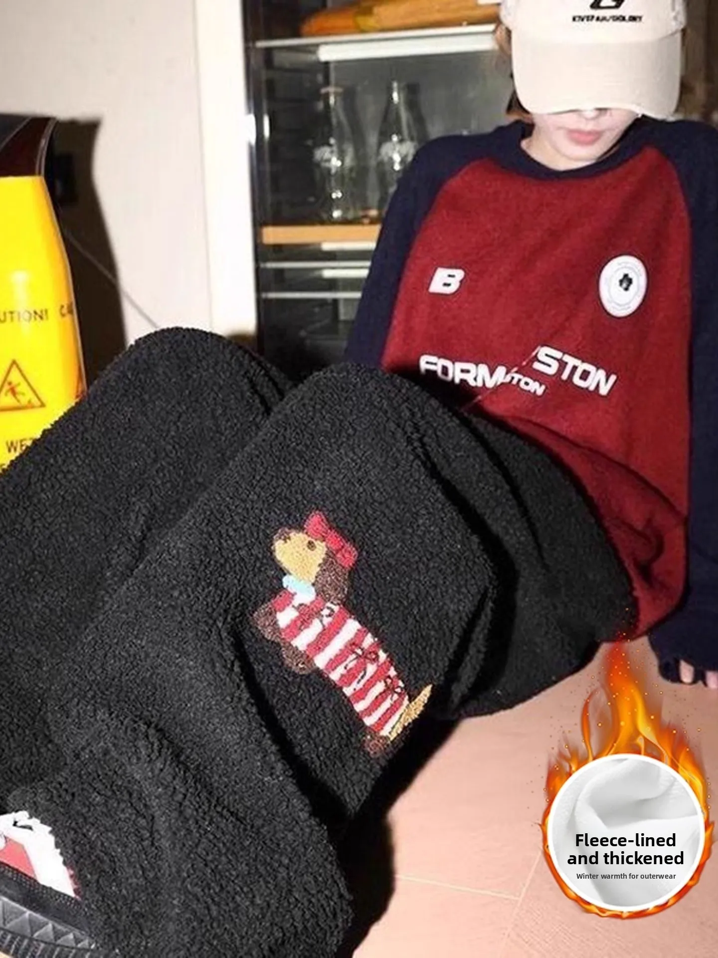 

Bla Sausage Dog Embroidered Lamb Fur Men's Casual Pants Thiened Fce Winter Warm Anti-Cold Wide Leg Pants Straight Cut