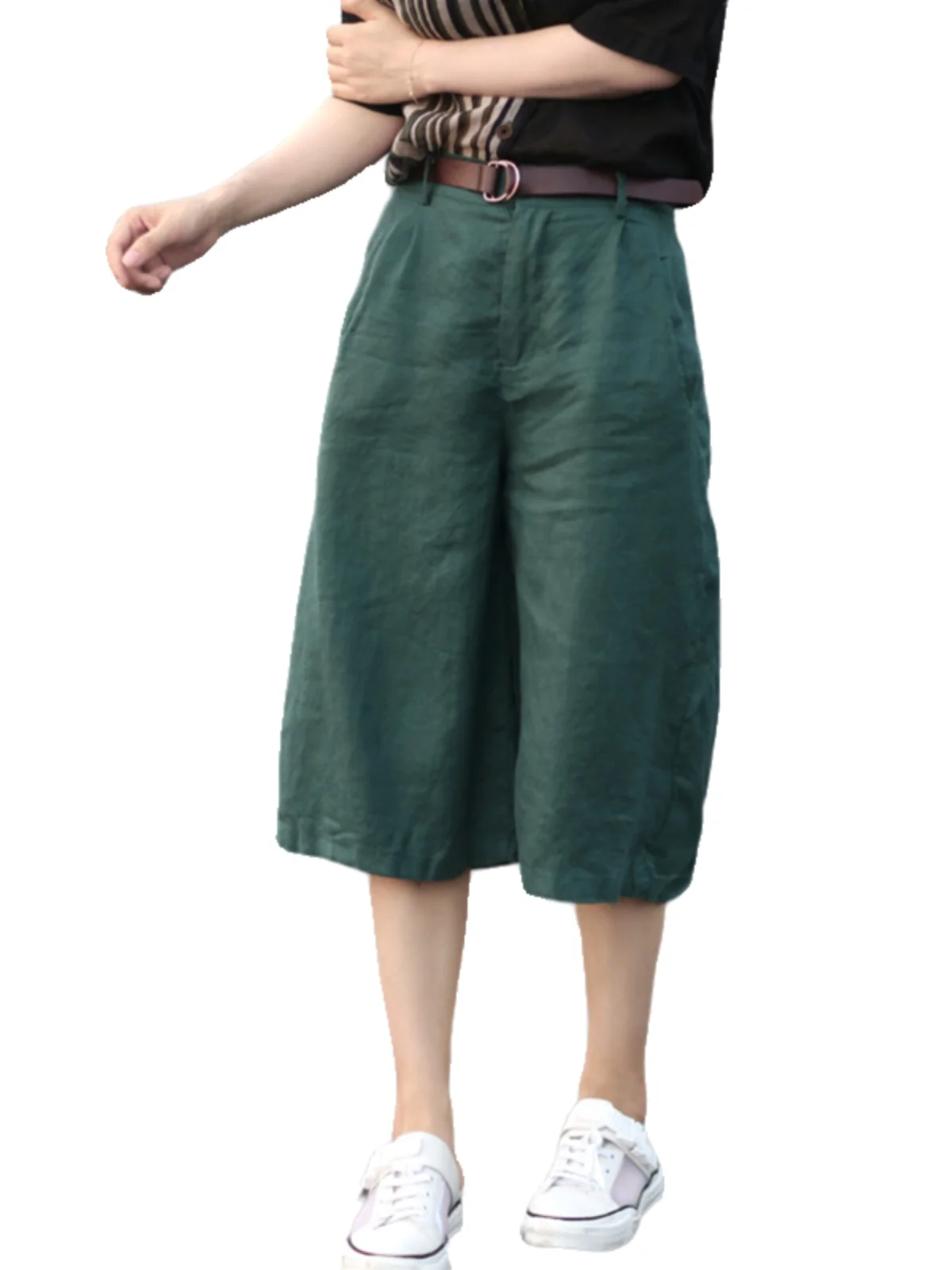Pantaloni a gamba larga in lino Donna Estate Artistico Cotone Lino Allentato Plus Size Faionable Dimagrante orts Casual Vita alta Cinque-Qu...