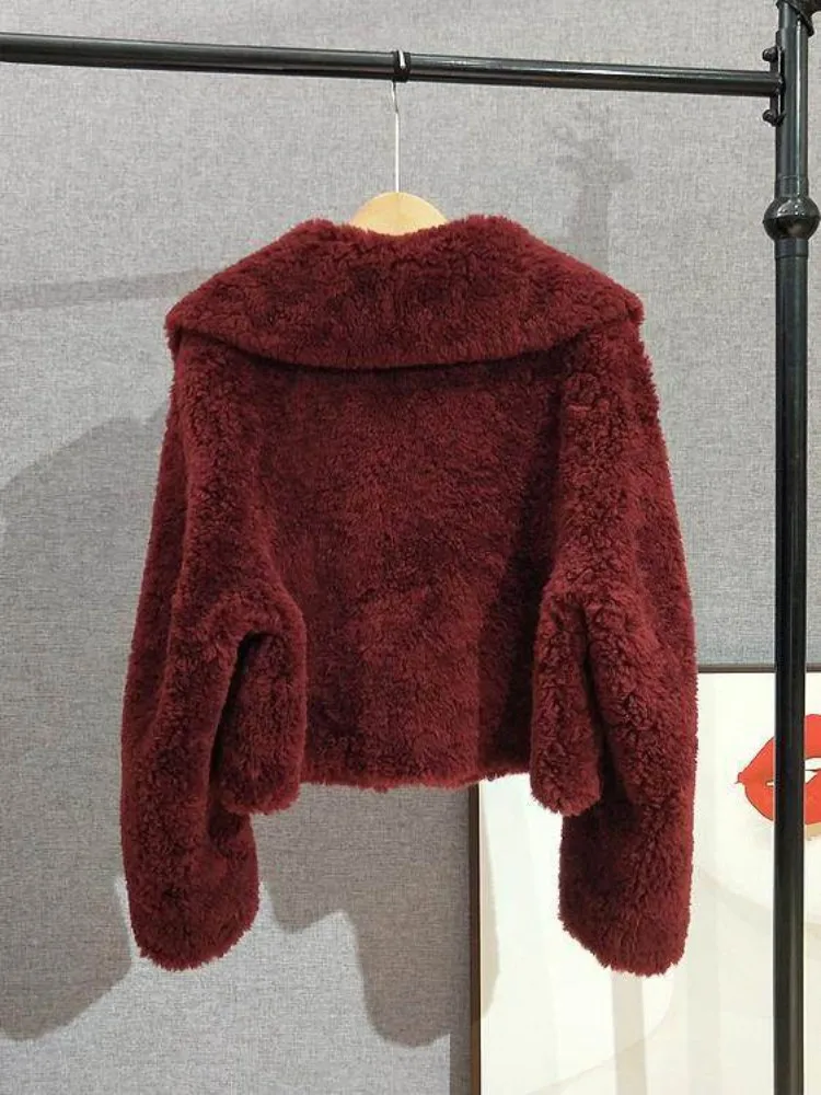 Winter Autumn Office Ladies Pure Wool Short Jacket Women Straight Lapel Zipper Coat Warm Loose Fit Solid Color Casual Outerwear