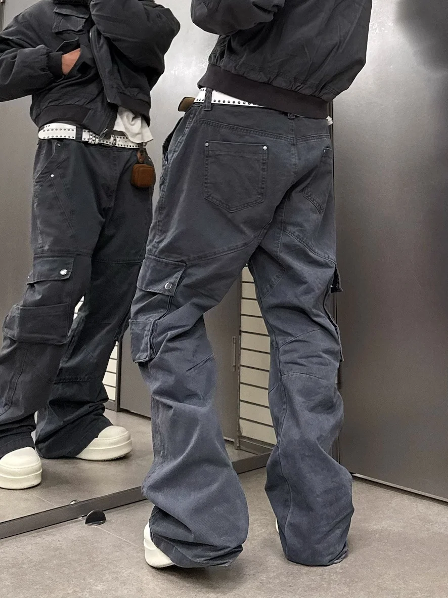 American Vibe Retro Street Functionality Multi-Pocket Work Pants Men's Straight Leg Micro Flare Heavy Duty Casual Long Pants