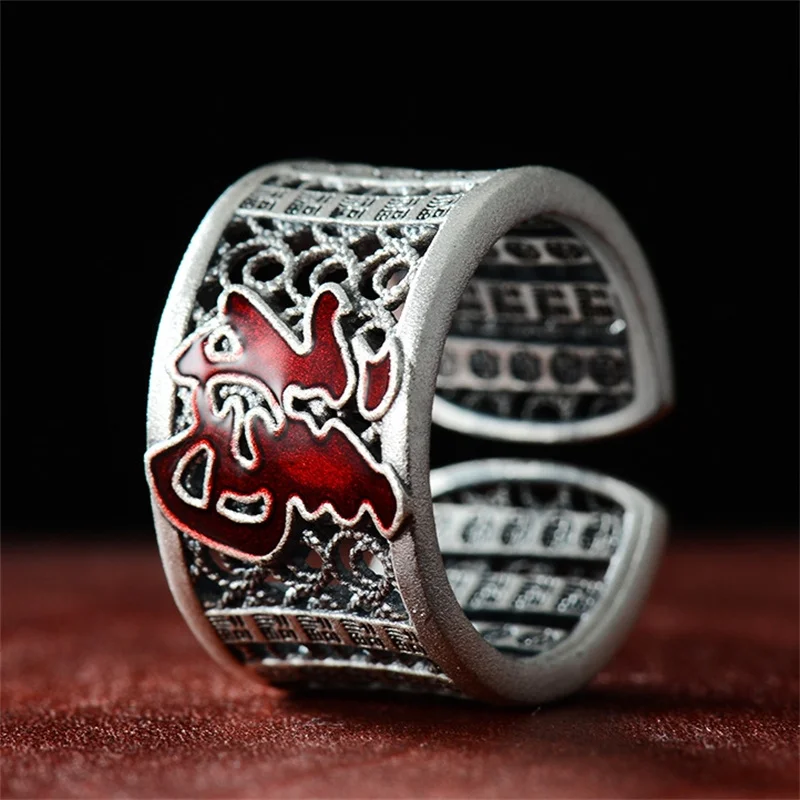 

Ethnic Style Hollow Flower Ring Men Jewelry Blessing Fu Character Design Male Index Finger Ring Open Size