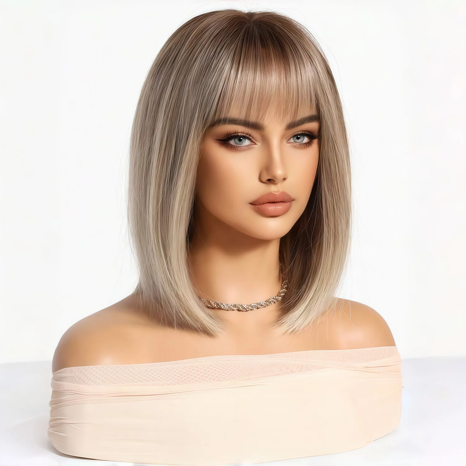 Elegant, Cute, and Fashionable Bob Synthetic Wig, 14 Inches with Gradient Color and Bangs image 6