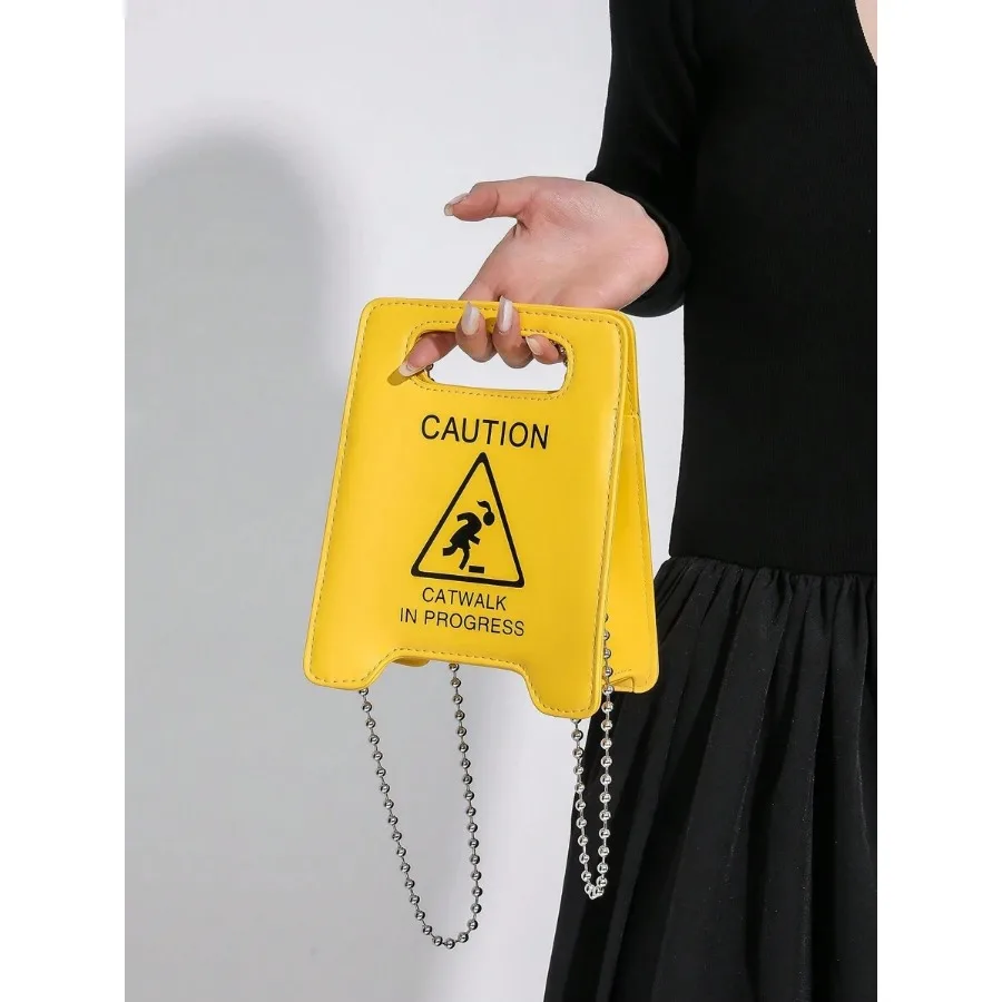 New Cartoon Warning Sign Handbag, Chain Letter Bag, Cosmetic Bag, Accessory Bag, Fashion Casual Minimalist Street Shoulder Cros