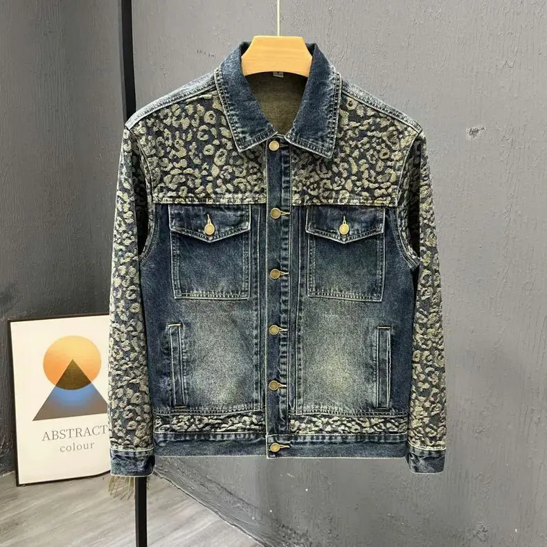 Men's Trendy Cool Korean Style Denim Jacket Patchwork Top for Spring Autumn Fashion Personality Design