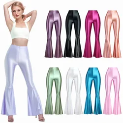 MJINM Women's Oil Satin Glossy Yoga Fitness Dance Leggings Thin Shiny Spandex Opaque Bodybuilding High Waist Tights Flared Pants