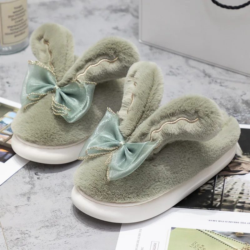 

2023 New Cute Rabbit Bow knot Slippers Women Winter Cotton Shoes Indoor Home Warm Faux Fur Thick Sole Girls House Floor Slides