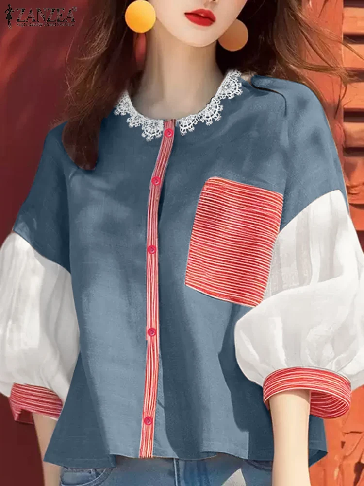 

Elegant Summer Blouse Fashion Women O Neck 3/4 Sleeve Work Shirt 2025 ZANZEA Casual Patchwork Holiday Tunic Tops Loose Blusas