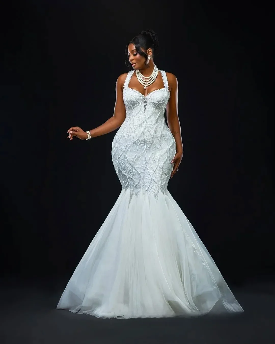 

Customized Mermaid Wedding Dress Bridal Gowns For Bride Sheer Illusion Long Sleeves Appliqued Beaded Pearls Lace Wedding