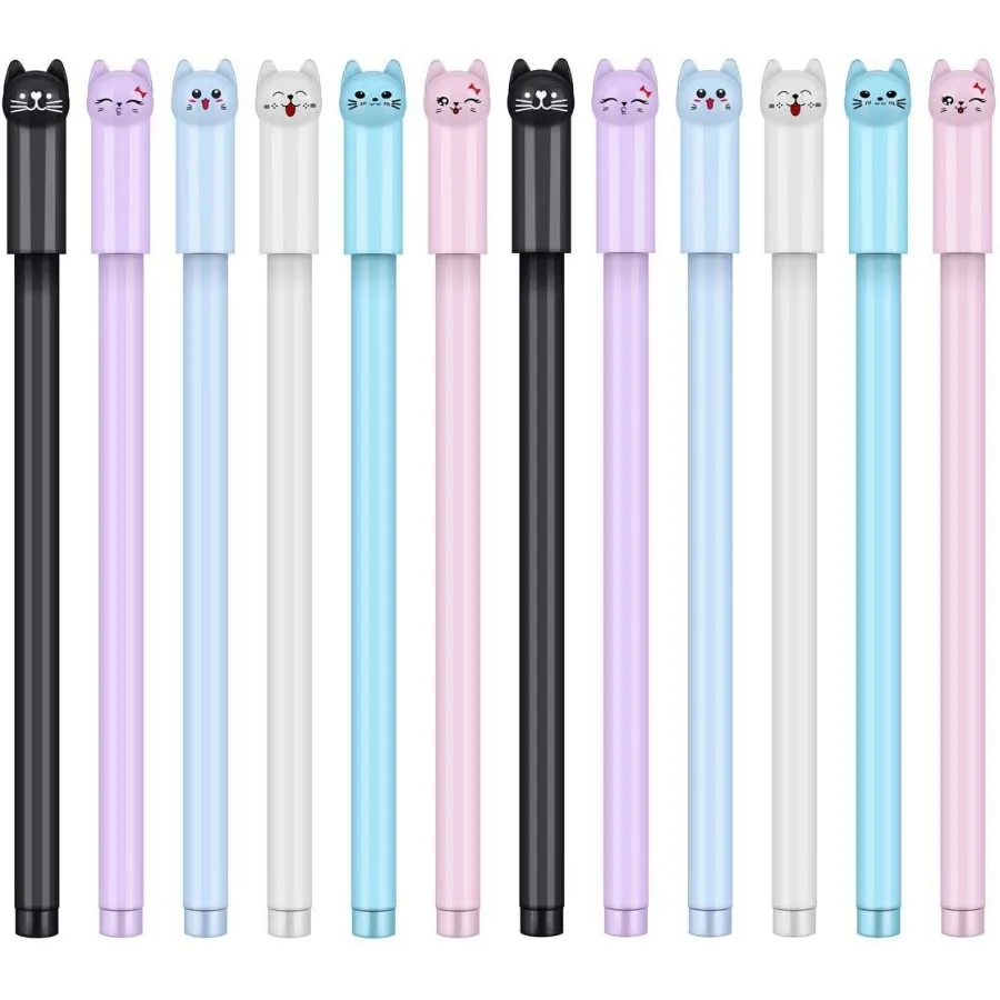 

24 шт., 0,38 мм, гелевые ручки с милым котом, черные шариковые ручки для школьных канцелярских принадлежностей