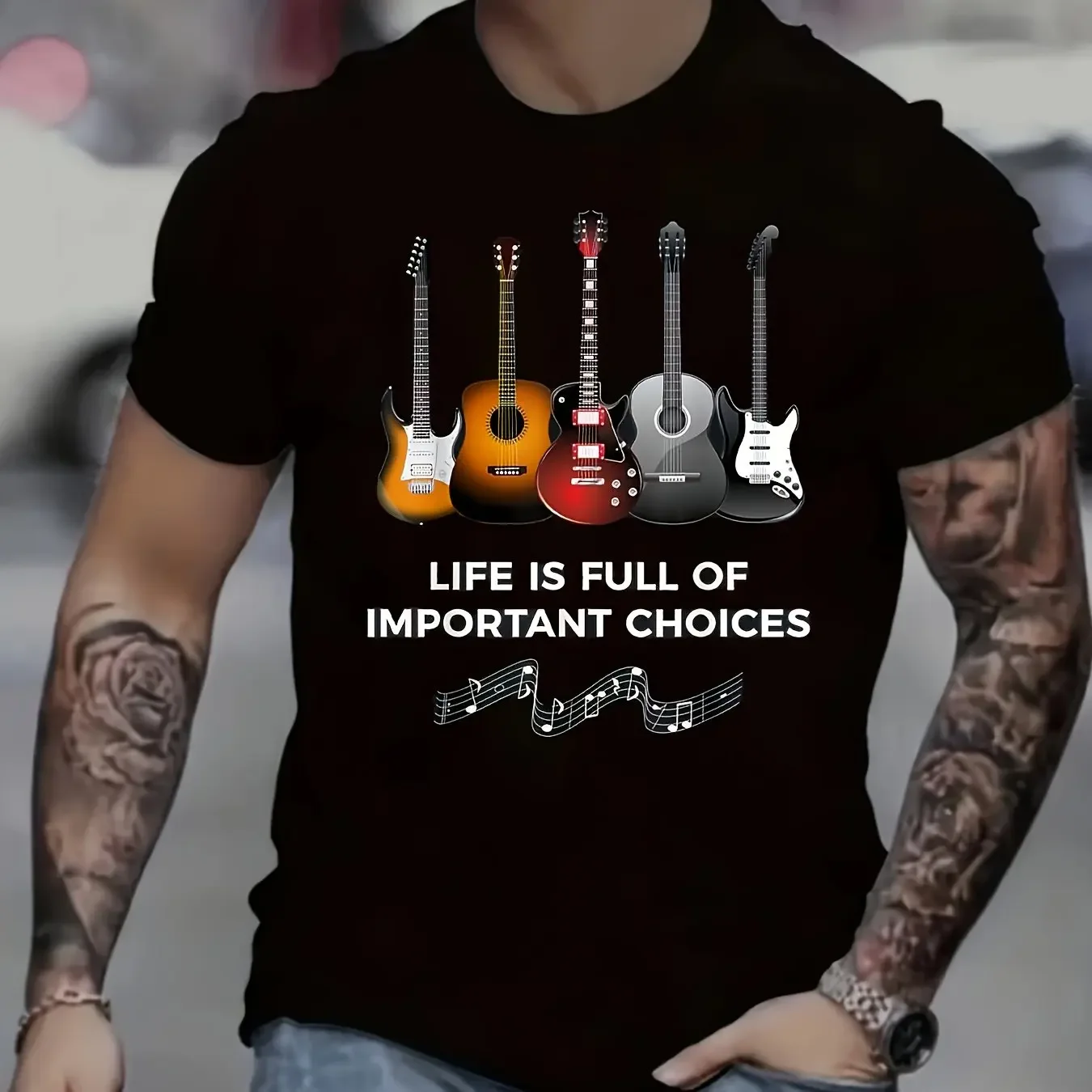 

Men's Electric Guitar And Music Note Crew Neck Short Sleeve T-shirt Chic And Stylish Tops For Summer Leisurewear Tees For Men