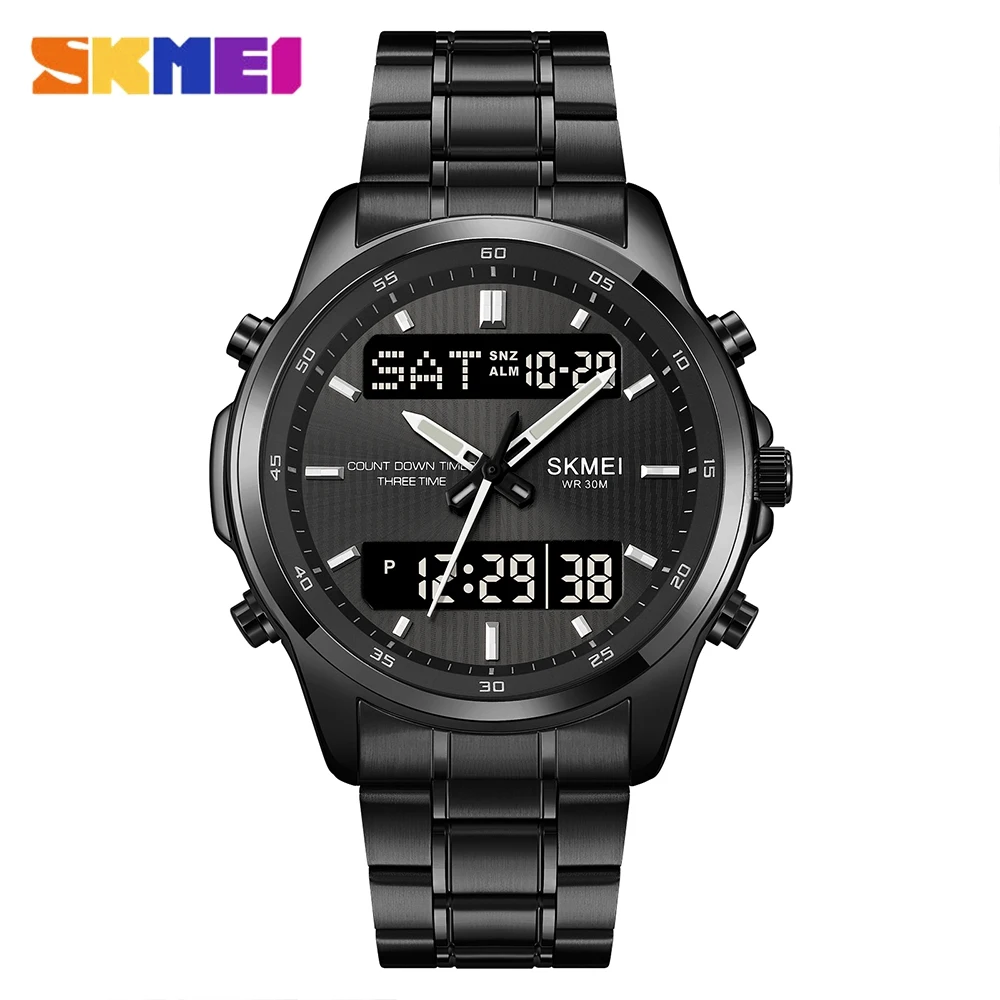 

SKMEI Original Sport Watch Men Business Fashion Black Stainless Steel Quartz Digit Wristwatch Date Week Display Watches for Male