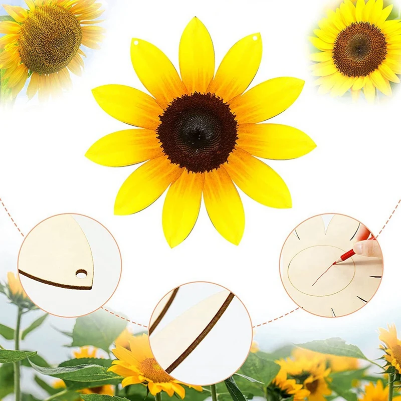 ดอกทานตะวันไม้ Cutout Sunflower Sign Cutouts Sunflower ไม้แขวนประตู 10M เชือกธรรมชาติ