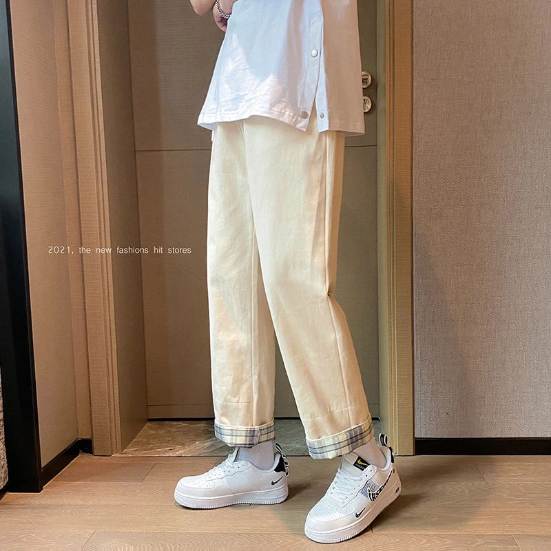 

2023 Spring Autumn New Men Students Loose Casual Pants Male Elastic Waist Straight Pants Men Solid Wide-leg Trousers F573