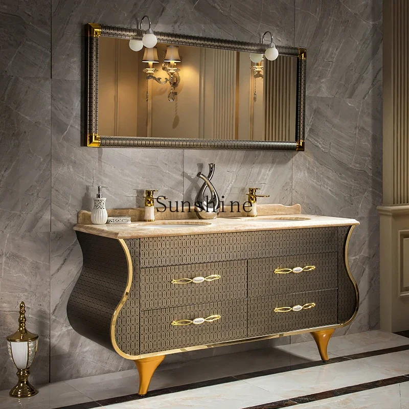 

New Chinese stainless steel bathroom cabinet combination bathroom double basin floor cabinet FT