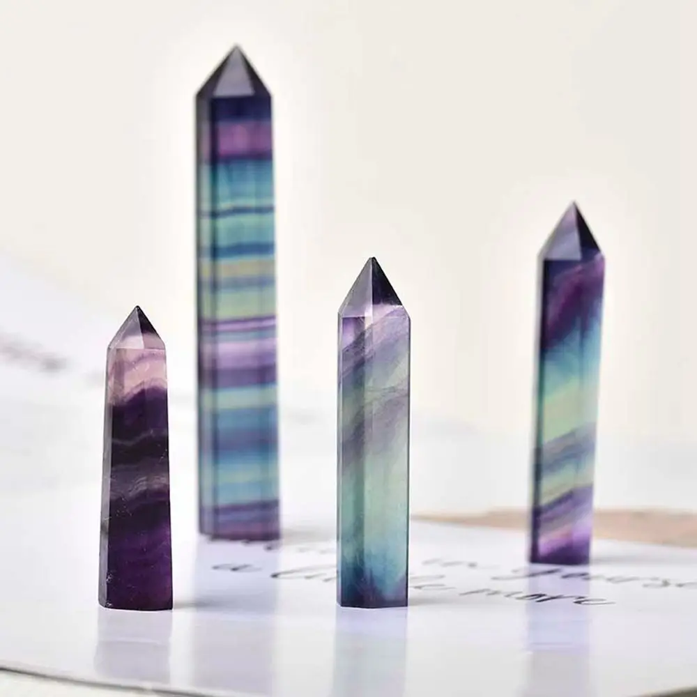 Energy Stone Natural Colorful Fluorite Hexagonal Column Single-Pointed Crystal Hexagonal Single Pointed Geometry Shape