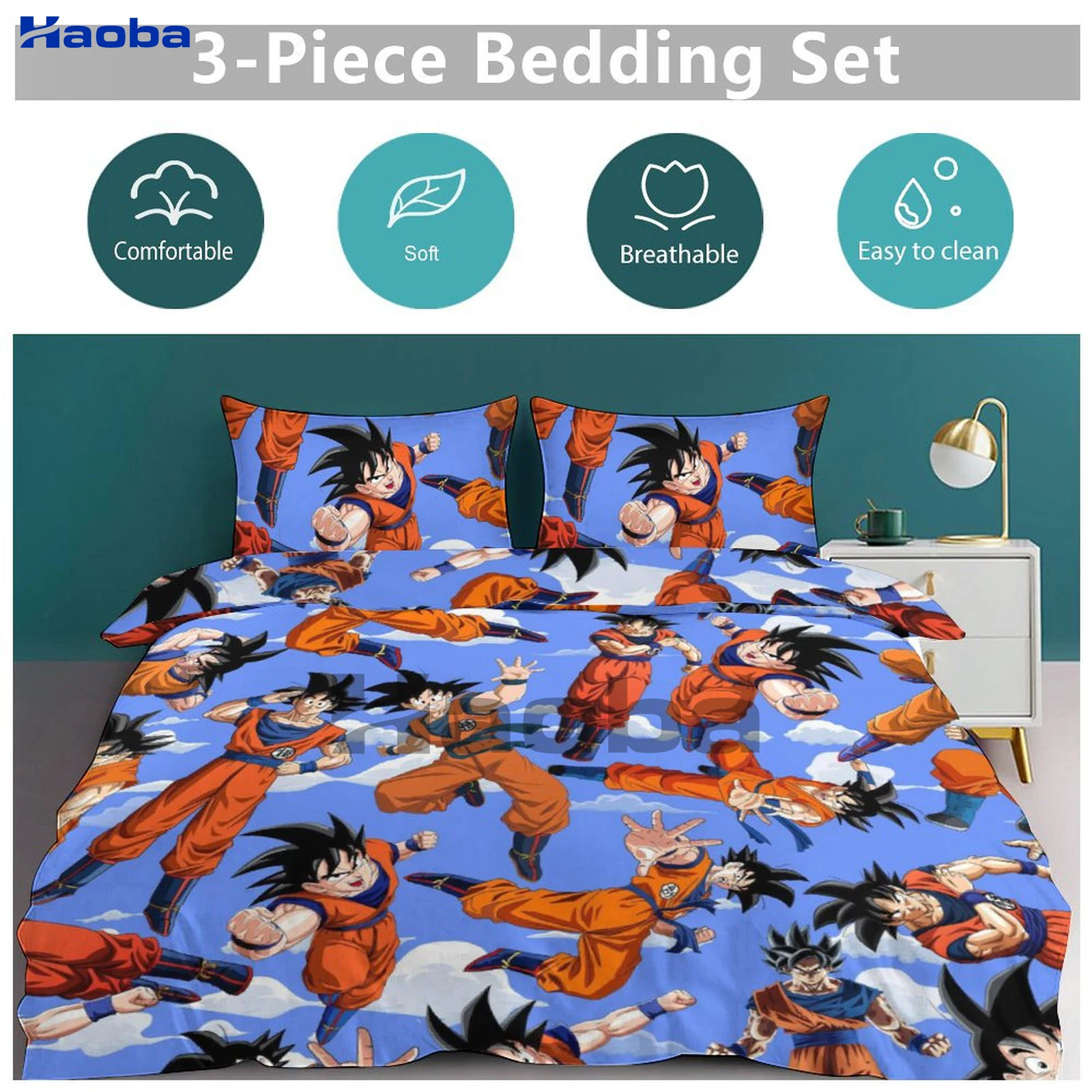 D-ragon Ball Goku Three Piece Bedding Set Children or Adults for Beds Quilt Covers Birthday Gifts for Women Men