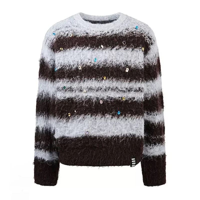 

Goodbrand Sweater American High Street Mohair Gem Striped Long Sleeve Pullover Men Women Loose Casual Round Neck Knitwear
