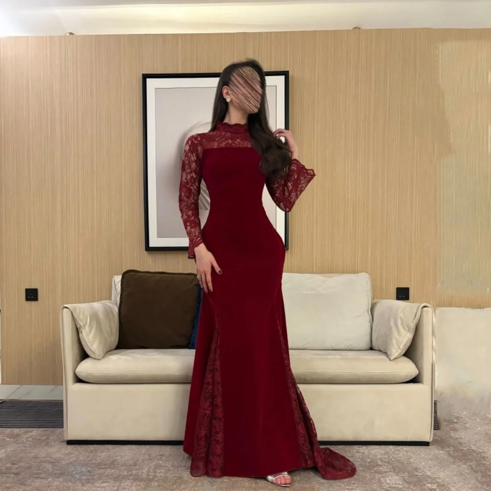 

Customized Elegant Lace Applique Women Prom Dress Long Sleeve Charming Mermaid High Split Party Dress Ruched Women Evening Gown