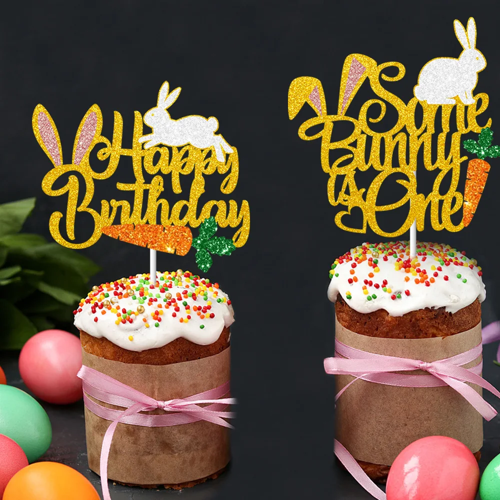 

Happy Birthday Cake Flags Rabbit Carrot Easter Cake Topper Some Bunny Is One Home Party Cake Baking Decor DIY