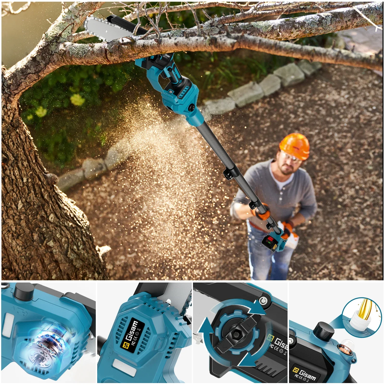 Gisam Brushless Telescoping Pole Electric Chainsaw Cordless High Bracn Saw 2 IN 1 Garden Pruning Tool For Makita 18V Battery Pin
