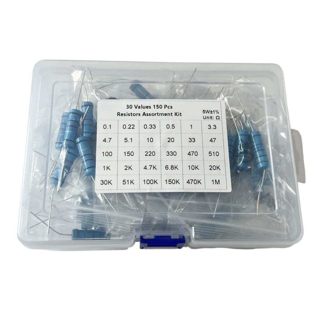 A set of 30 commonly used 5W metal film resistors with 1% accuracy, 5 of each type, totaling 150 resistors.