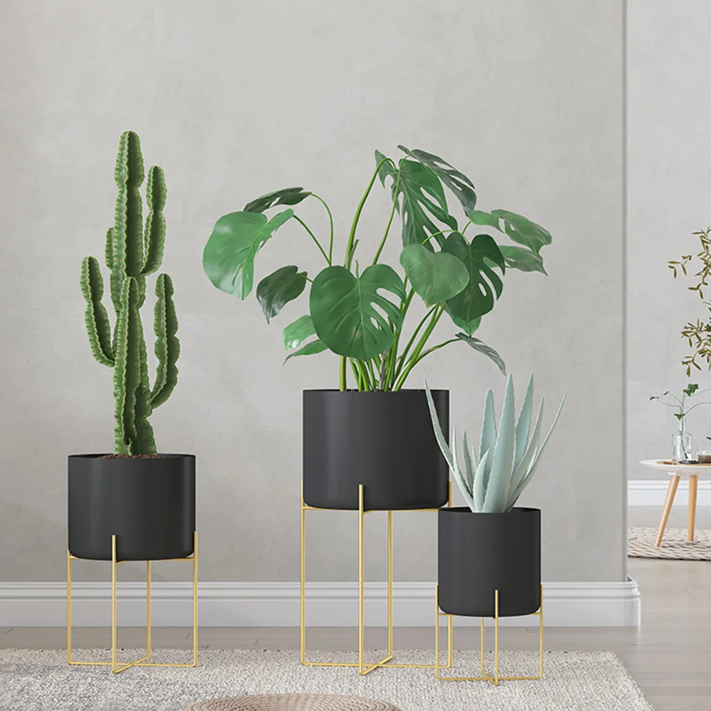 Gold Plant Stand with Pot Floor Type Flowerpot Metal Planter Black