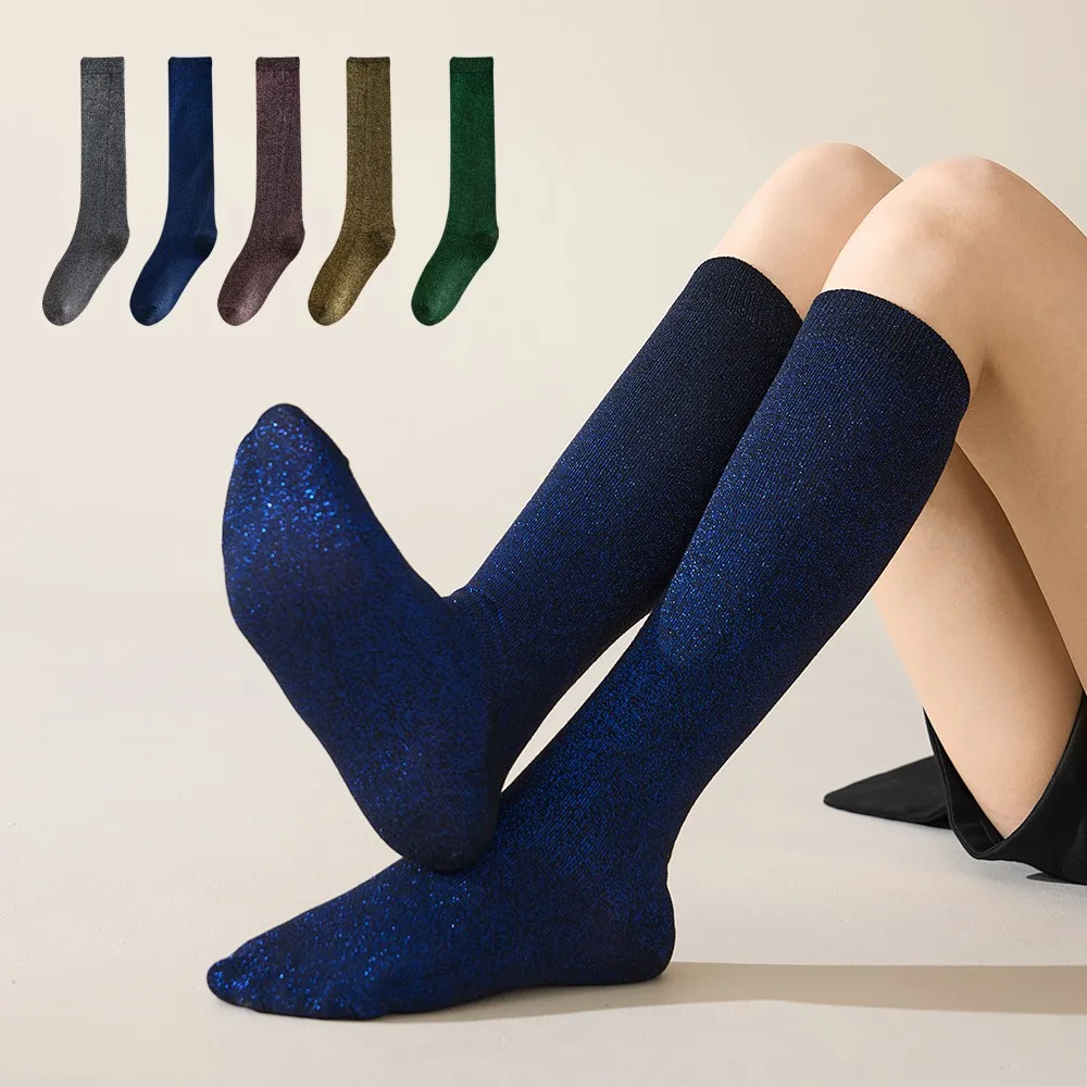 

Women's Glitter Knee Socks, Sparkly Shiny Metallic Knit Calf Socks, Fashion Elastic Crew Socks for Party Daily Wear
