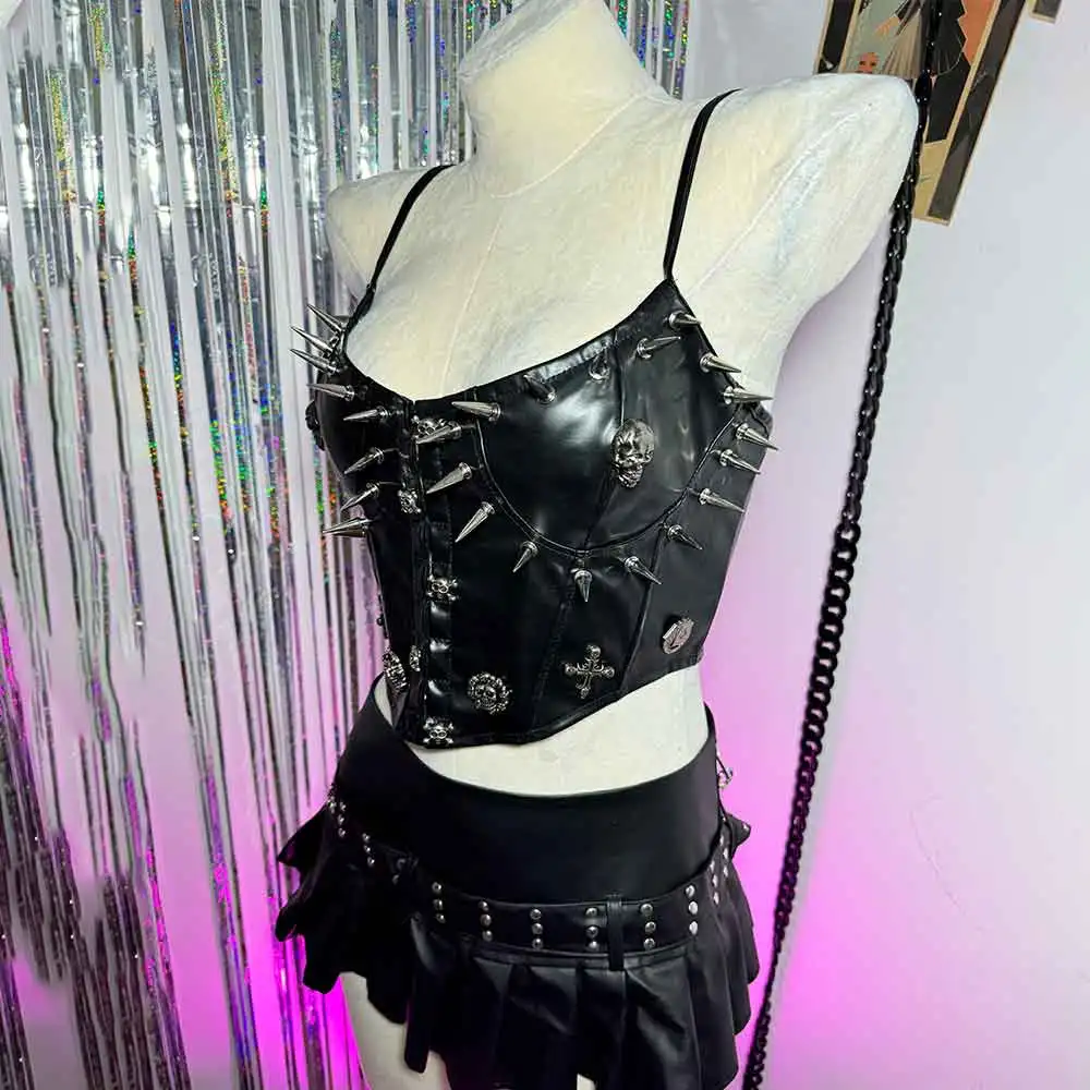 

Готические топы ручной работы Y2K из веганской кожи E-Girls Череп DIY Фея Эмо Гранж Kawaii Готика Harajuku Эко Панк Рок с шипами