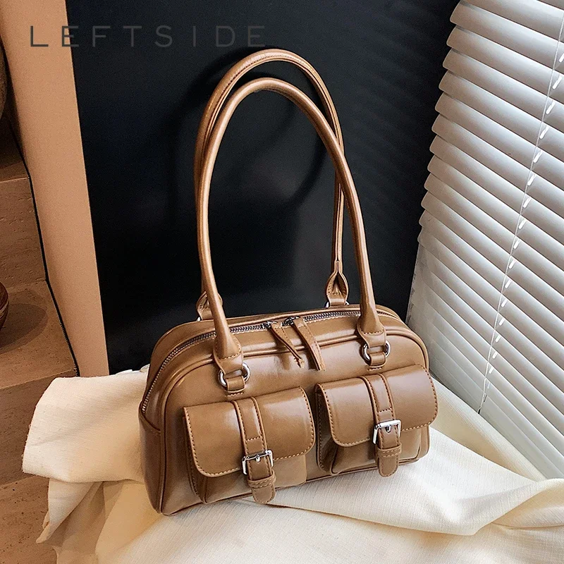

LEFTSIDE Small PU Leather Double Pockets Underarm Bags for Women 2024 Y2K Ladies Shoulder Bag Females Designer Handbags