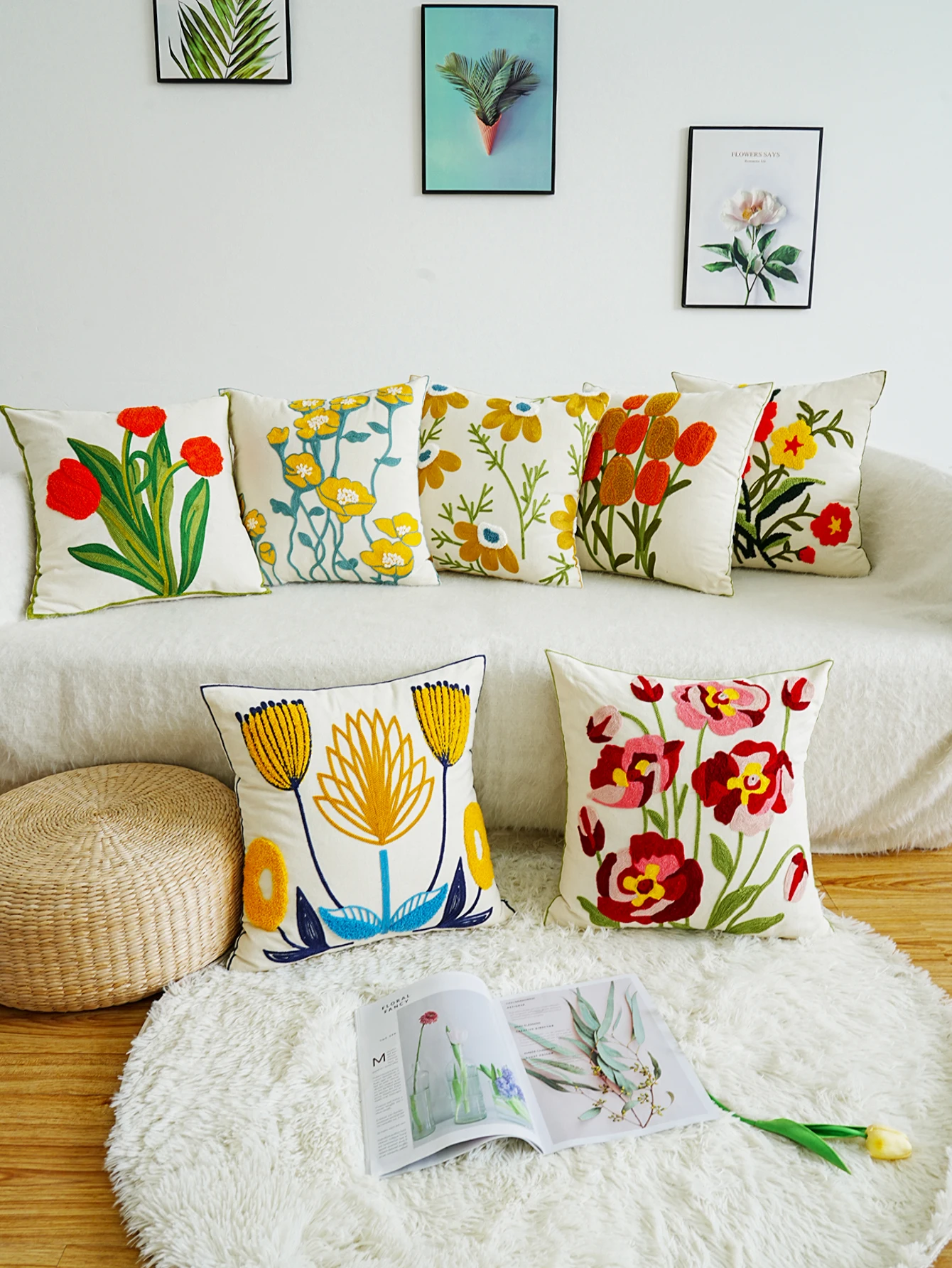 1pc Plant Flower Pattern Embroidered Polyester Cushion Cover  For Home Decor Without Core 45cm*45cm