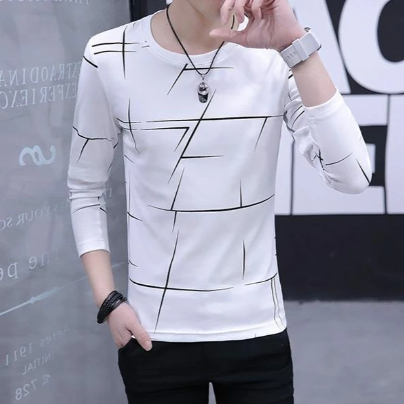 

Мужская хлопковая футболка с длинным рукавом в корейском стиле, облегающая весенне-осенняя модная базовая повседневная многослойная футболка с принтом