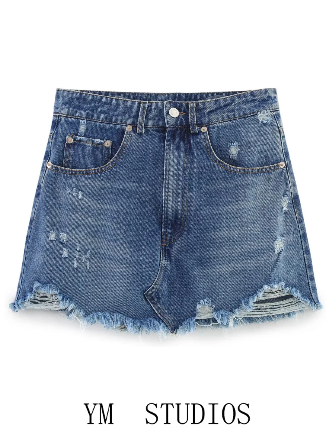Women's Denim  Skirt Mid-Waist A-Line Student Short Skirt Frayed Hem Breakthrough Hole Design Cotton Polyester Blend