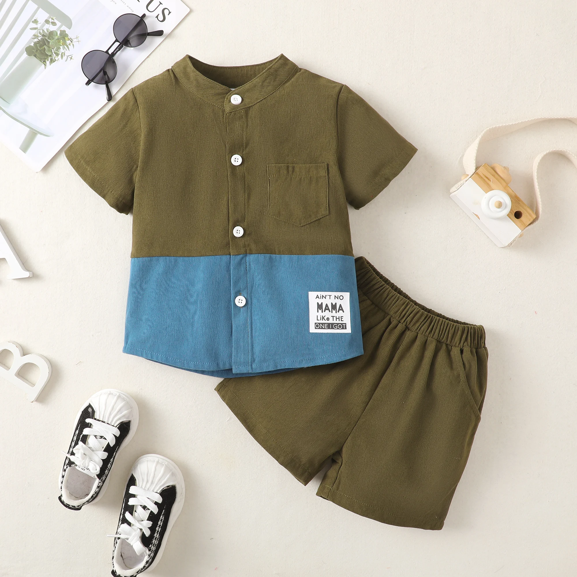 Baby Boy Clothes 2PCS Casual Letter Patched Detail Colorblock Shirt & Shorts  Set Baby Cute Clothing For Spring And Summer