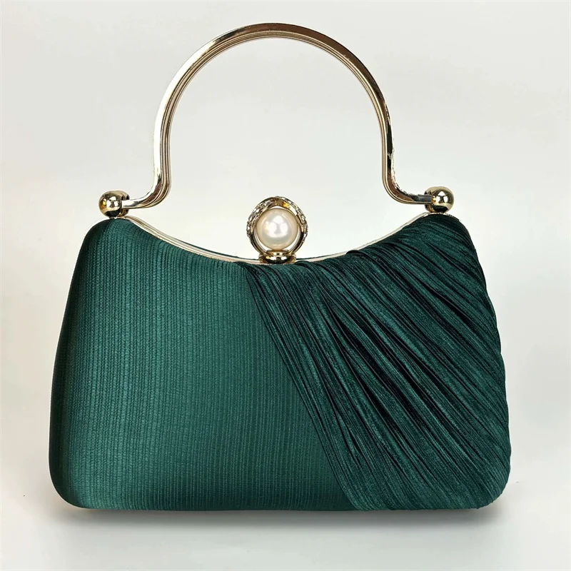 

Зеленая вечерняя сумочка для торжественных мероприятий, элегантная плиссированная сумка цвета шампань с серебристыми элементами, для гостей на свадьбу, коктейльная, с лентой, глянцевая.