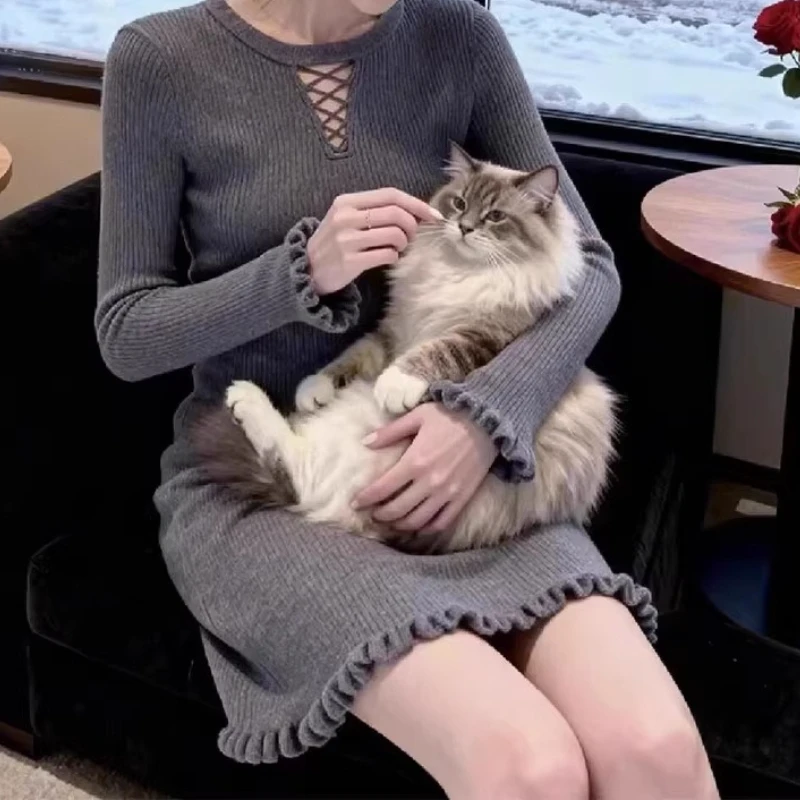 

Huge-looking Gray Hollow Knitted Dress for Women, Winter Wear, Slim-fitting Hip-hugging Short Skirt with Coat for Small People